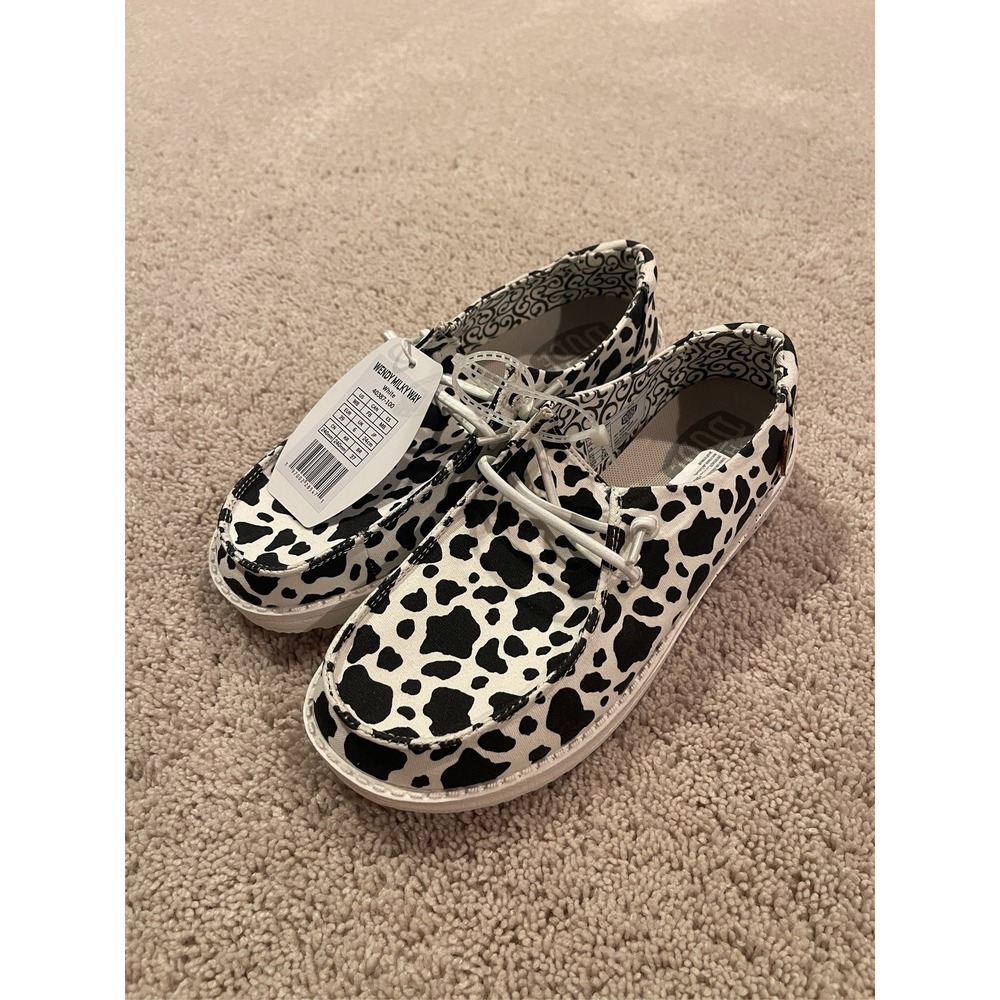 Hey Dude Wendy Milky Way Women's Shoes Black White Cow Print Slip-On